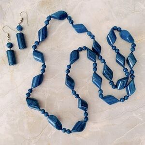 Hand Crafted Blue Stone Necklace and Earrings Set